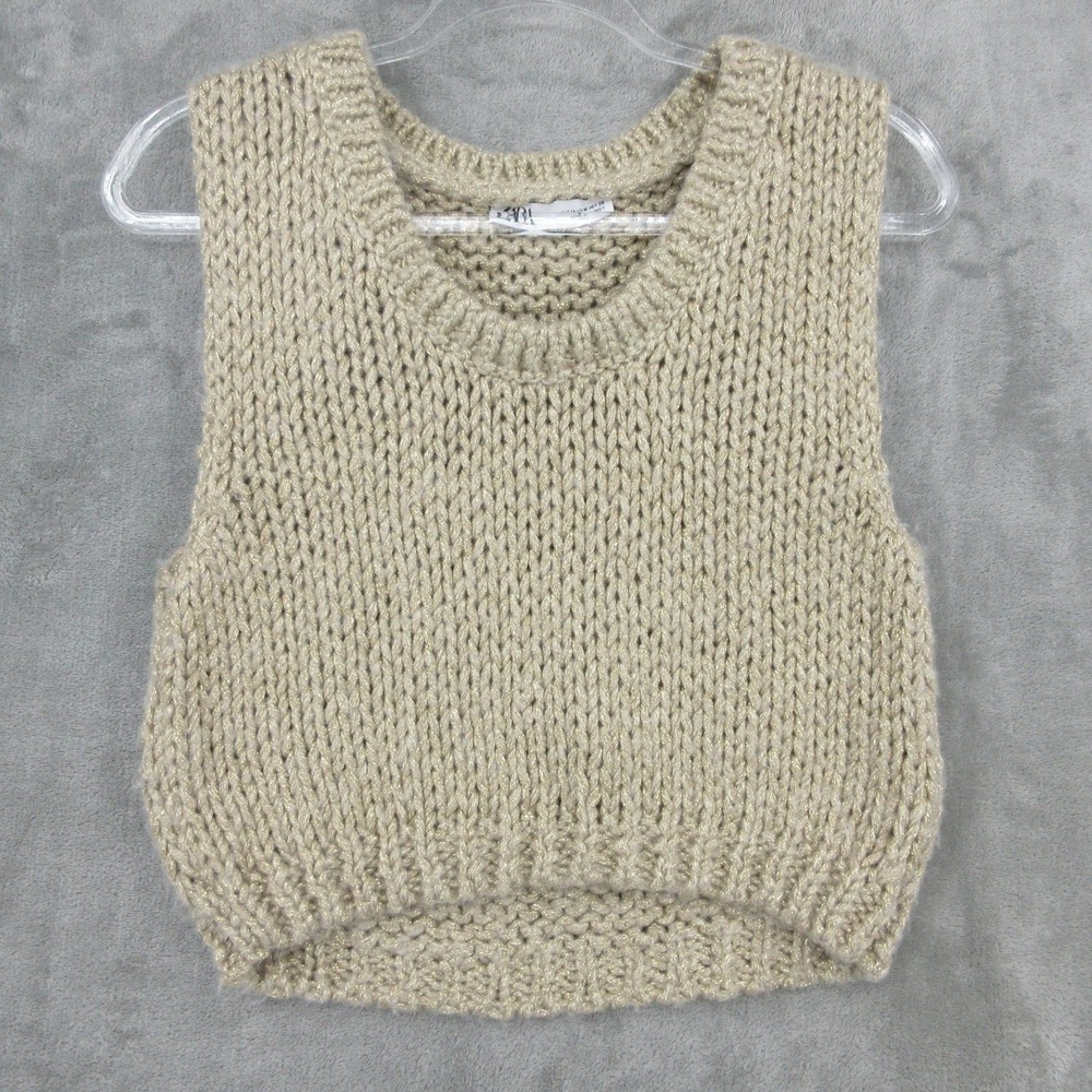 Zara Sweater Women Medium Vest Gold Metallic Chunky Knit Cropped Preppy Beige‎